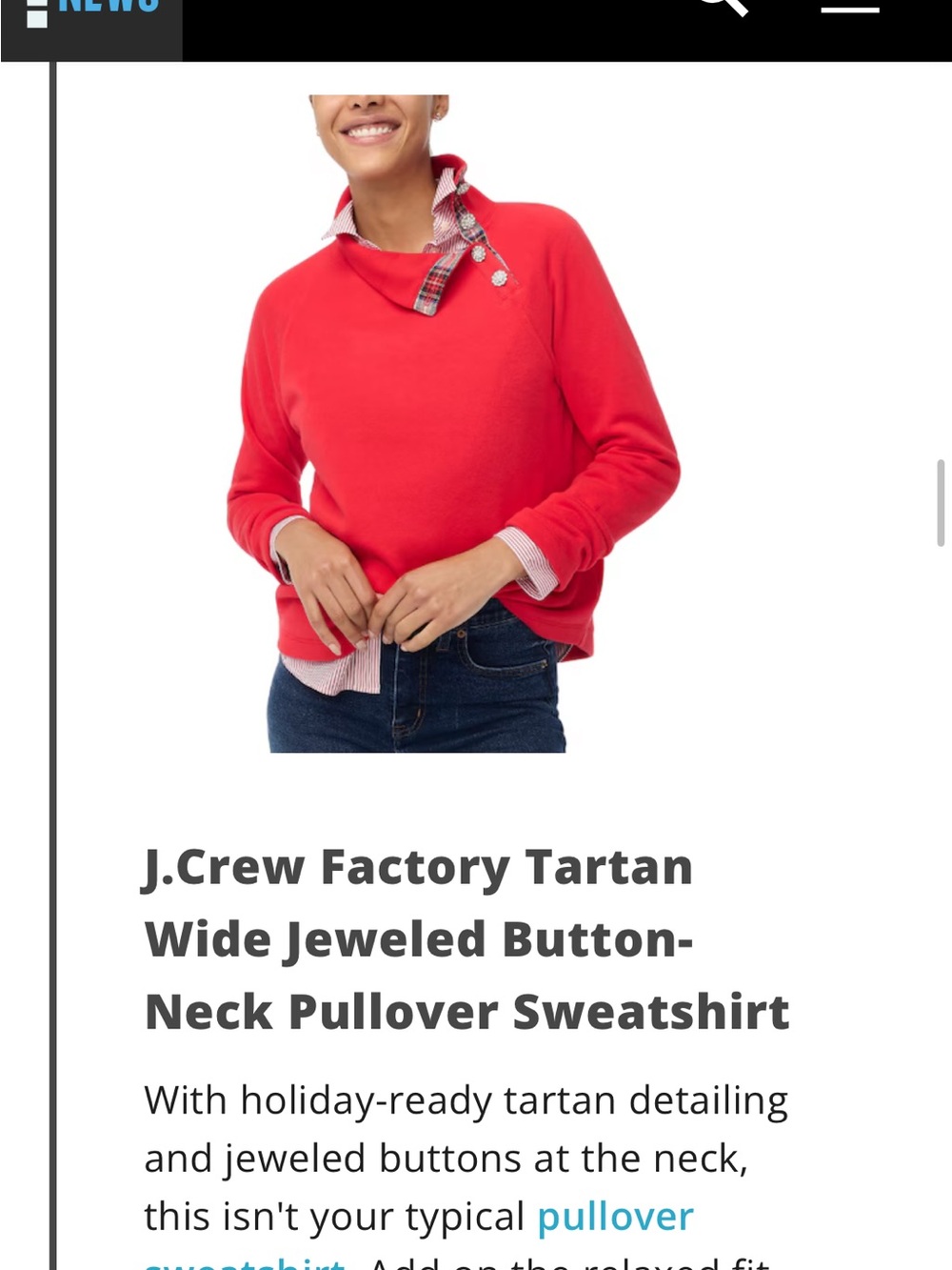 J Crew Tartan Red Rhinestone Embellished Button Funnel Neck Sweatshirt XS